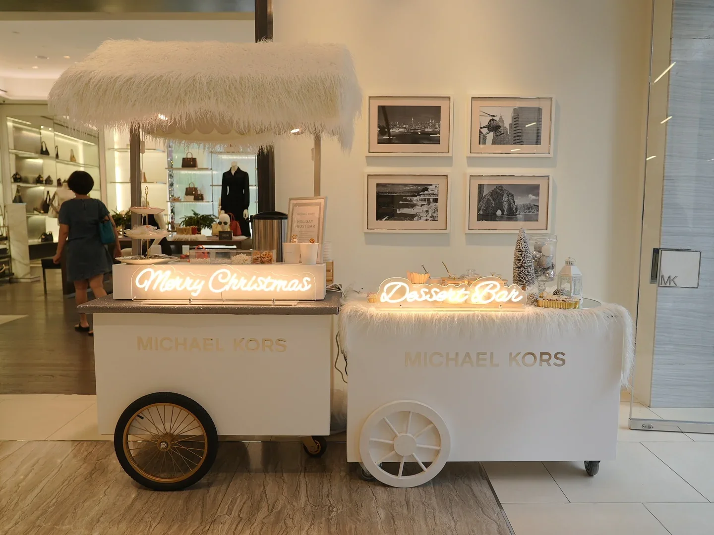 Michael Kors seasonal dessert carts in a coordinated winter setting.